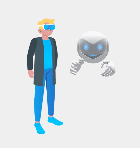 Eine Grafik die eine blonde Person mit AR-Brille und dem Roboter Eeve zeigt.