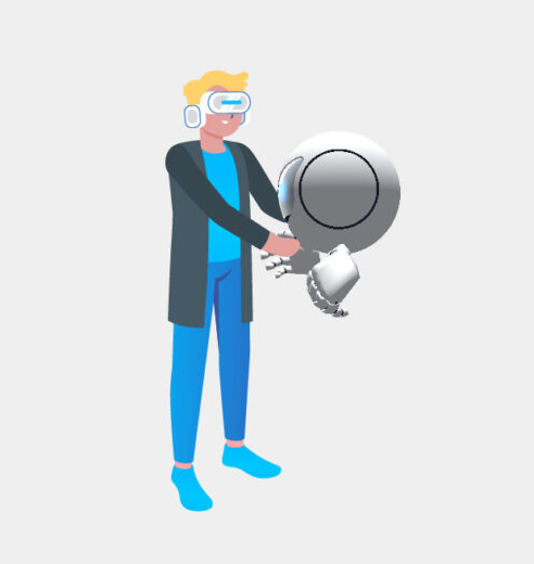Eine Grafik die eine blonde Person mit VR-Brille und dem Roboter Eeve zeigt.